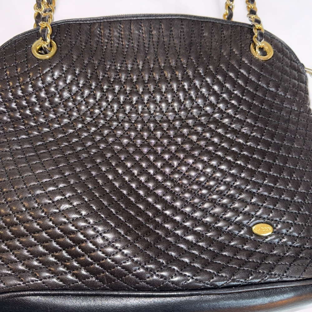 Bally Vintage Black Italian Leather Quilted Shoulder Bag Gold Chain Straps 1980s - Picture 6 of 15